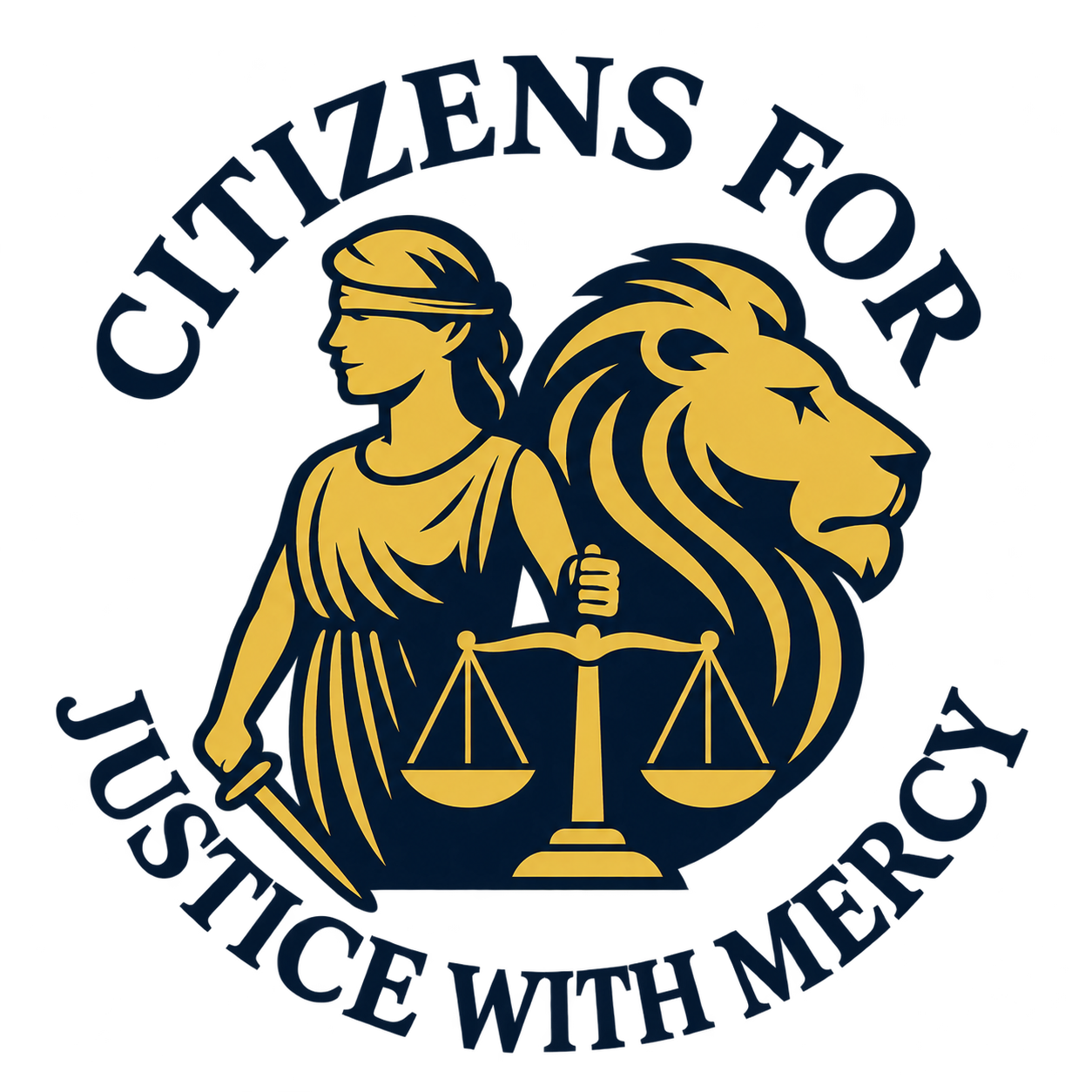 Citizens for Justice with Mercy lion and Lady Justice logo