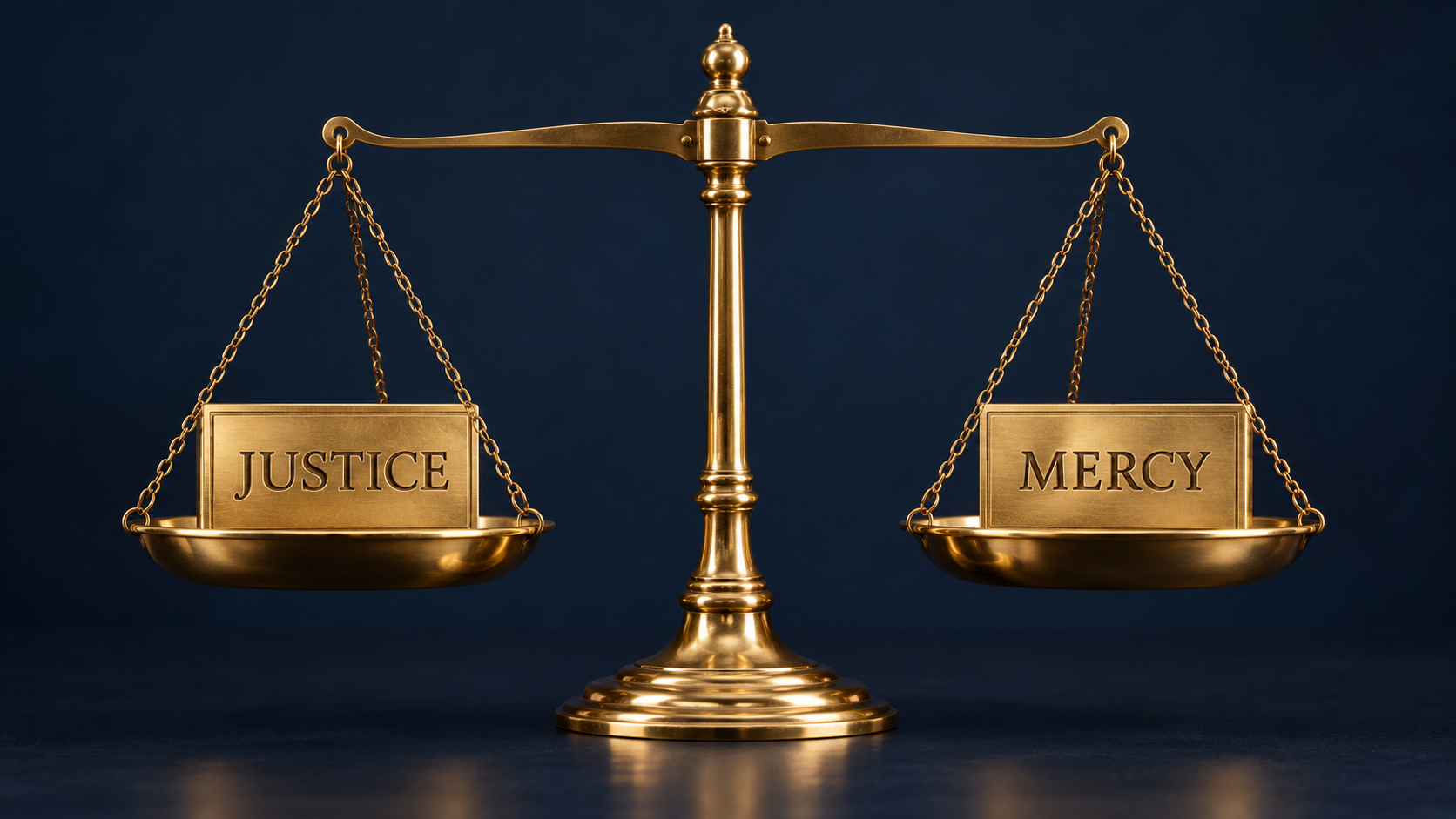 A balanced brass scale with Justice and Mercy equally weighed