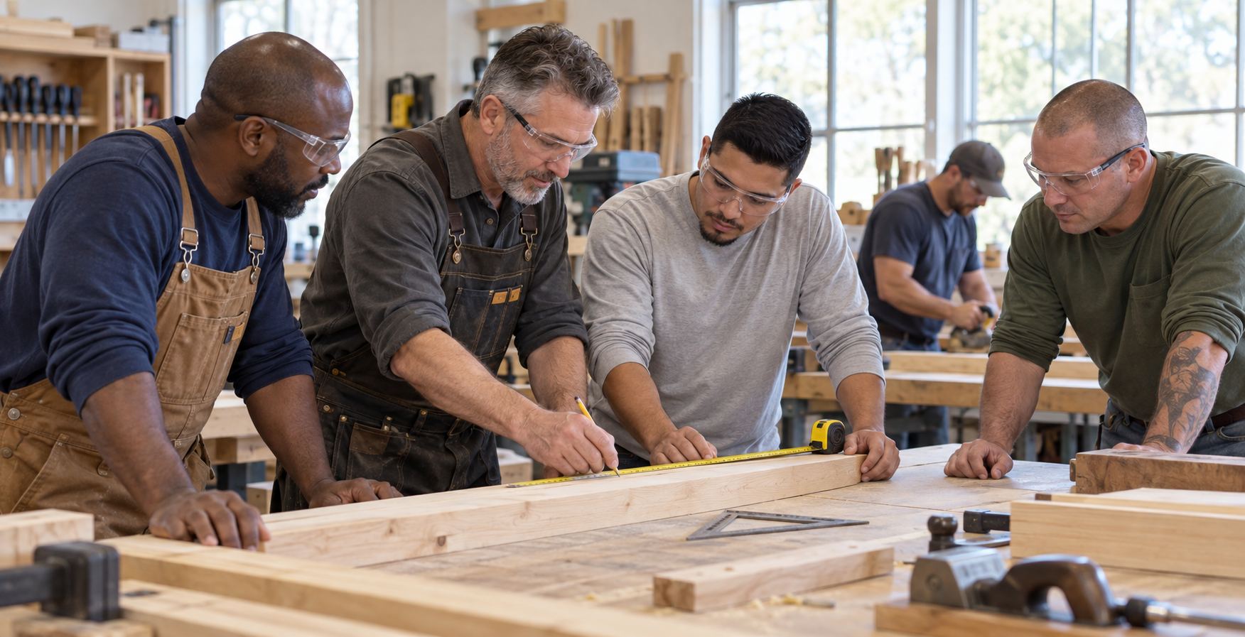 Adults learning woodworking skills with an instructor
